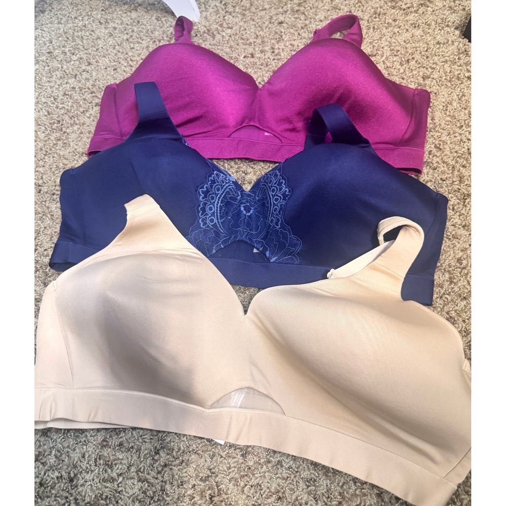 Lot of 3 Cacique Lightly Lined Wireless Bras 44D Magenta Navy Beige Lace Trim